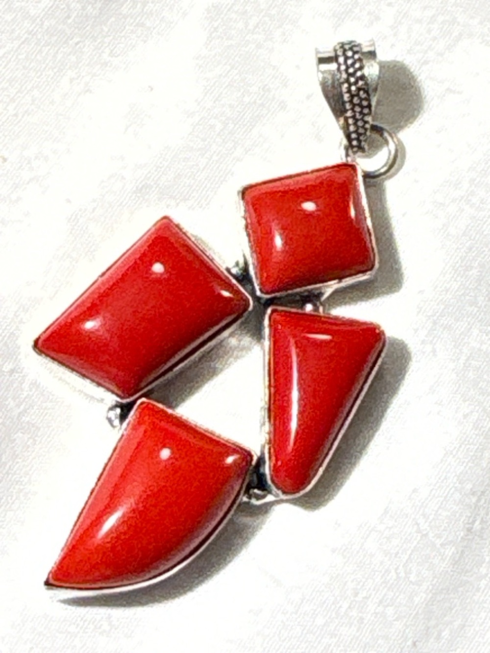 925 Sterling Silver Red Coral Colored Geometric Pendant Statement Dangle